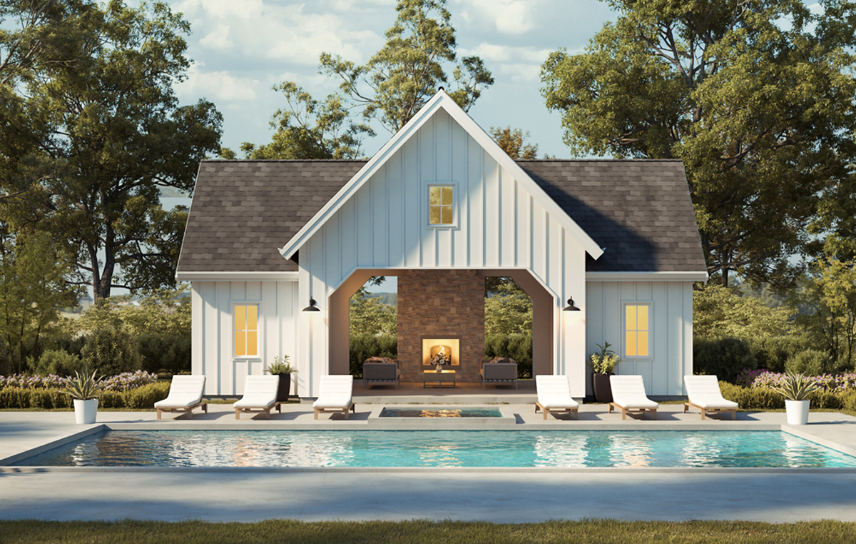 Plan 270054AF
New American Pool House Plans with Fireplace Architectural Designs