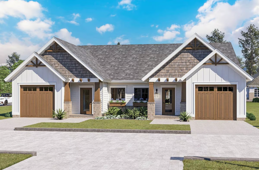 Plan 623463DJ One-Story Craftsman Duplex with Matching 2-Bed Units Under 1250 Sq Ft