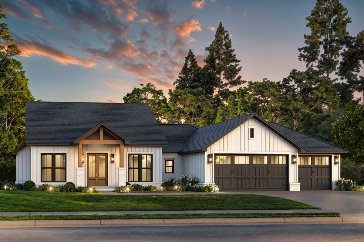 Plan 51997HZ
4-Bed Country Craftsman House Plan with 3-Car Garage - Under 2000 Sq Ft