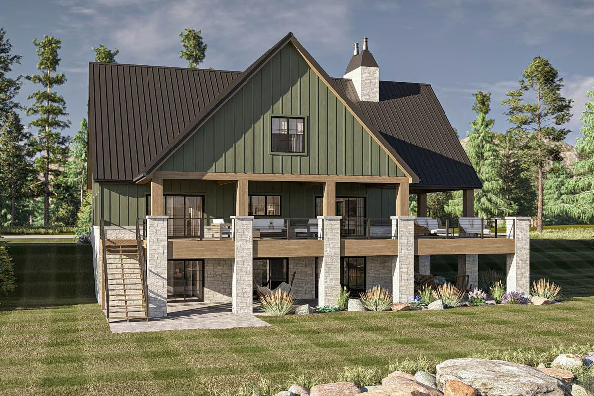 Rear exterior of Plan 623505DJ showing a walkout basement foundation on a sloped lot with covered patios and large windows.