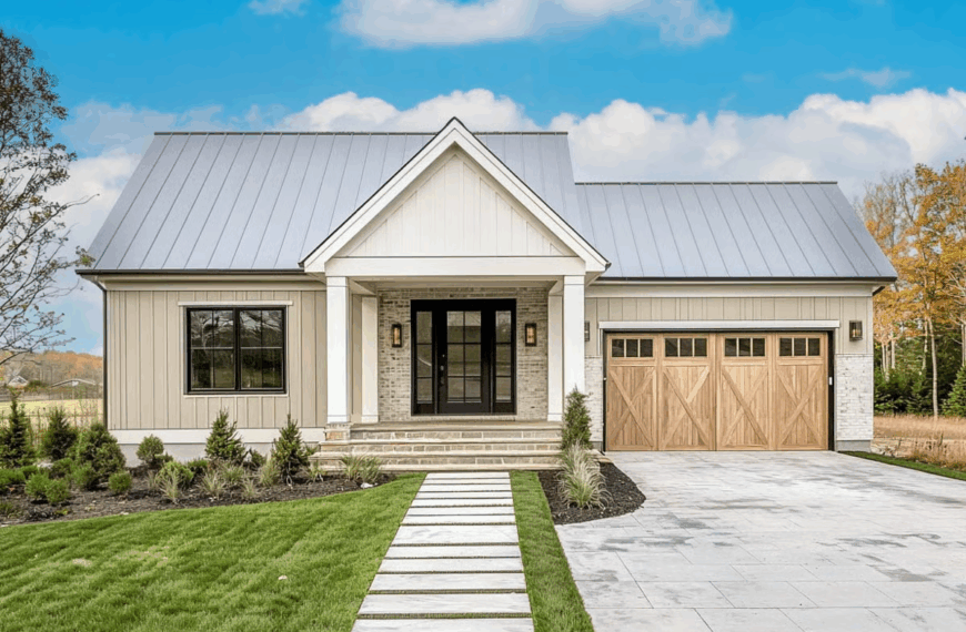 Exterior view of a small 2-bedroom New American house plan with front porch and 2-car garage