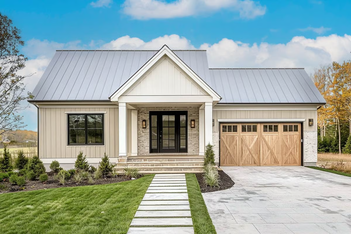 Exterior view of a small 2-bedroom New American house plan with front porch and 2-car garage