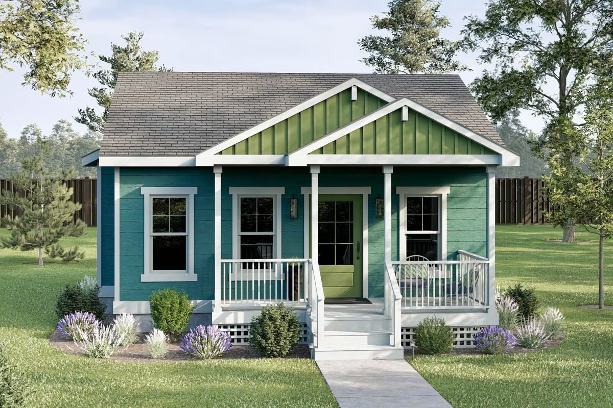 Plan 520033RKY
2-Bed Country Cottage House Plan with Open Concept Living Under 600 Sq Ft